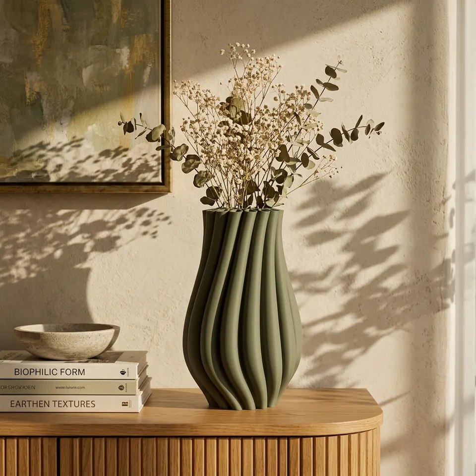Ruffle in Moss holding dried flowers on an oak sideboard