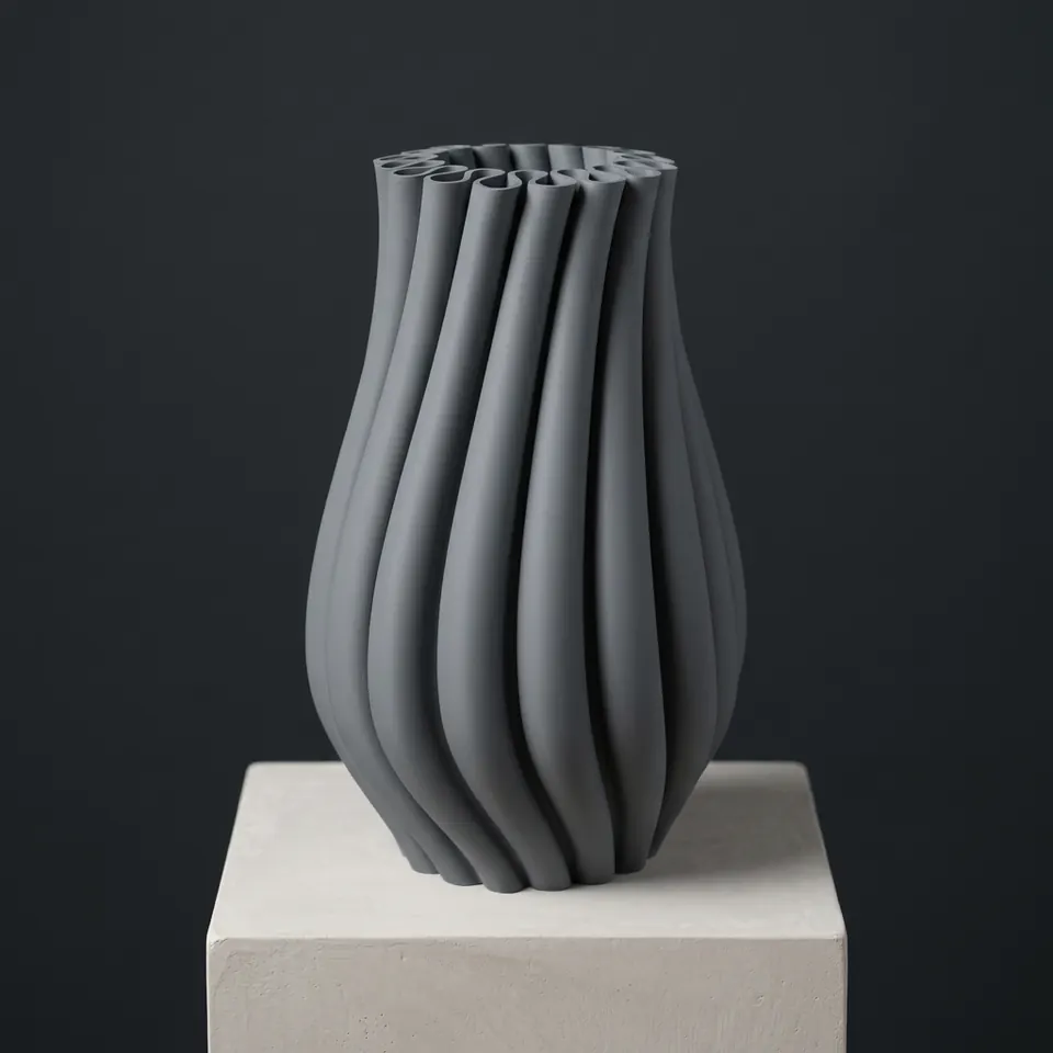 Ruffle in Slate on a white plinth in a dark studio