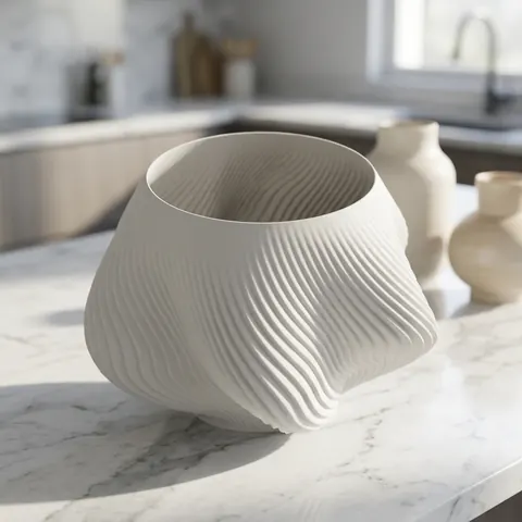 Alta in Matte White: a wide twisted bowl on a white marble kitchen island