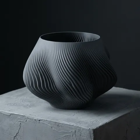 Alta in Slate: a wide twisted bowl on a rough plaster block in a dark studio