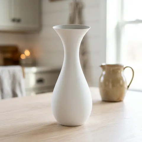 Classic in Matte White: a tall bottle vase on a pale oak table