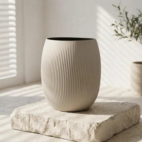 Flower Pot in Sand: a finely ribbed pot on a sunlit stone block