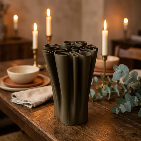 Folderoo in Moss: a folded petal vase between lit candles on a dining table