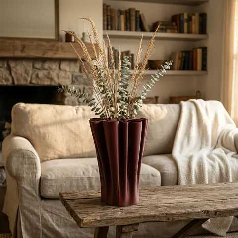 Folderoo in Oxblood: a folded vase of dried grasses by a fire