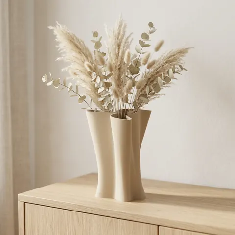 Labyrinth in Sand: a vase of three fused tubes holding pampas grass