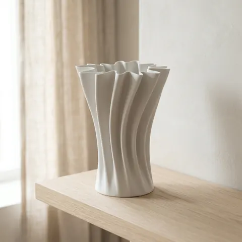 Orbital in Matte White: a fluted vase with a ruffled rim on an oak shelf