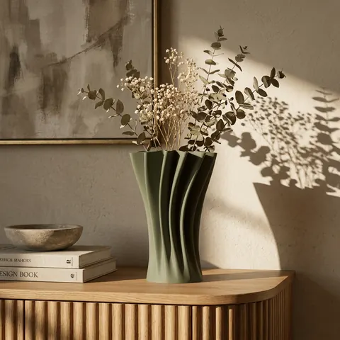 Orbital in Sage: a fluted vase of dried flowers on an oak sideboard