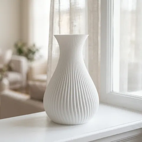 Otto in Matte White: a ribbed bottle vase on a sunlit window sill