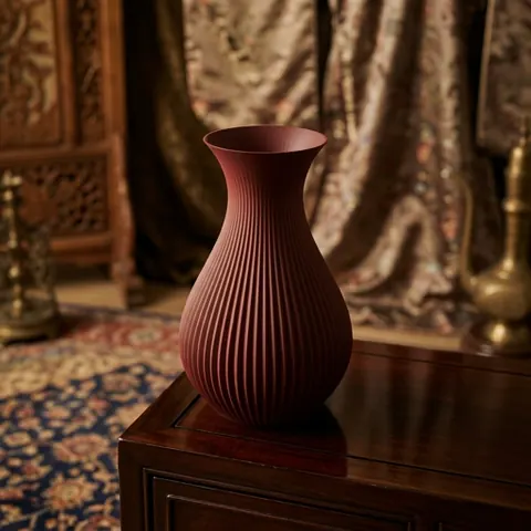 Otto in Oxblood: a ribbed bottle vase on a carved timber cabinet before a rich tapestry