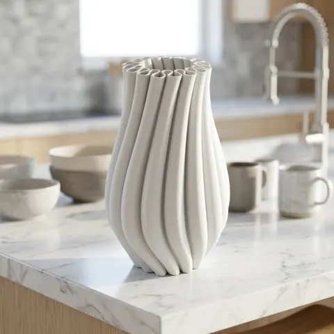 Ruffle in Matte White: a spiral fluted vase on a marble kitchen bench