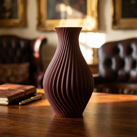 Sprit in Oxblood: a twisted fluted vase on a desk in a leather chaired study