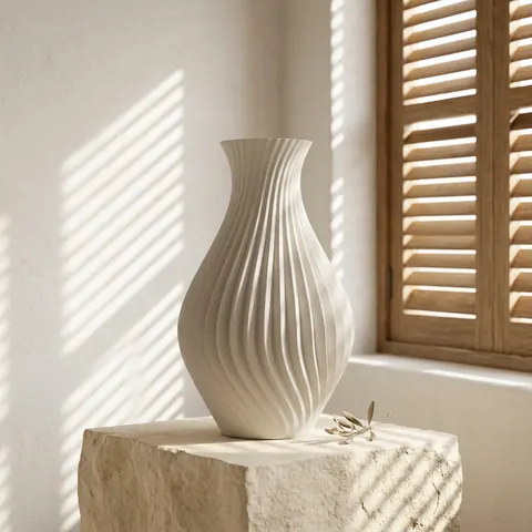 Sprit in Matte White: a twisted fluted vase on a stone block by shuttered windows