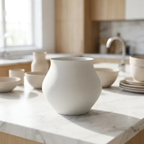Veron in Matte White: a rounded vase among ceramics on a marble bench