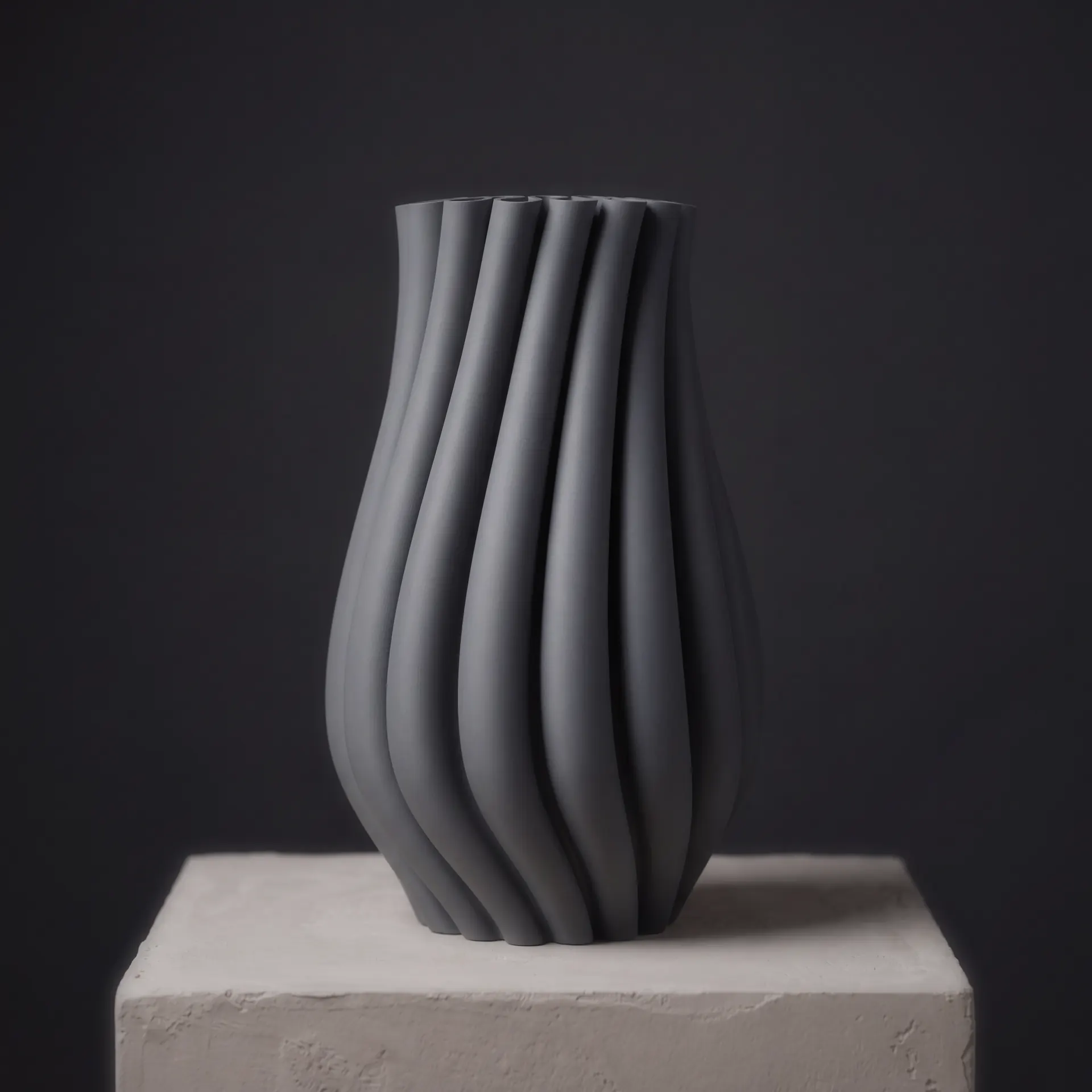 A slate grey Contora vase with deep spiral flutes, standing on a rough plaster block in a dark studio