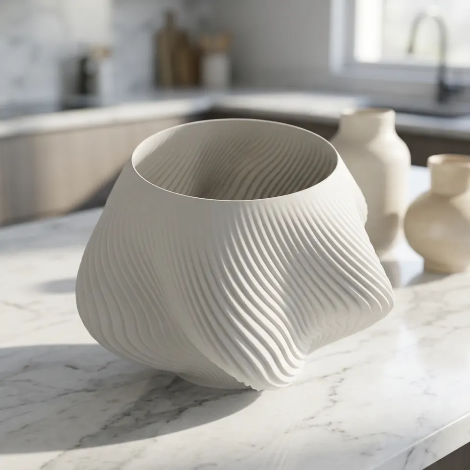 The finished photo of Alta: a matte white twisted bowl on a white marble kitchen island