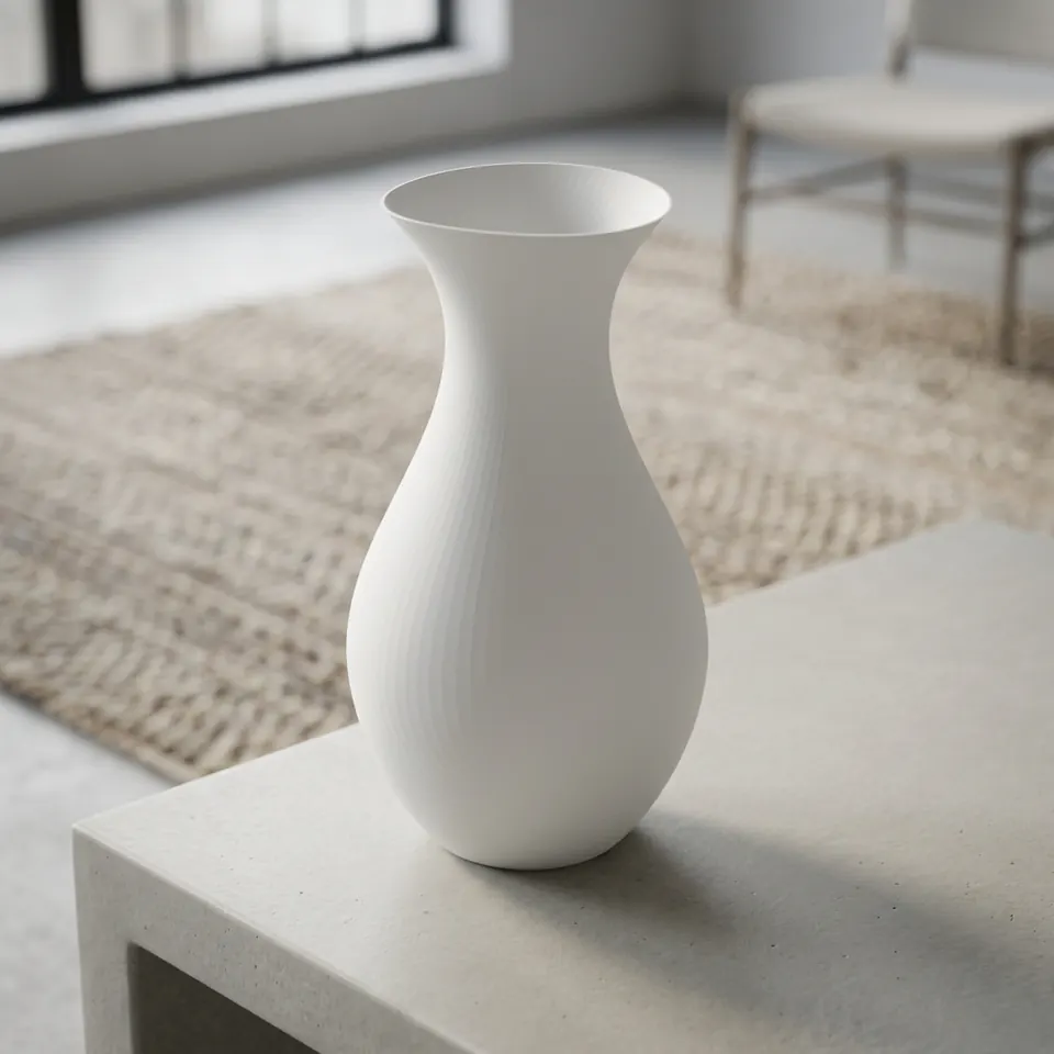 A matte white bottle vase on a pale stone plinth beside a jute rug