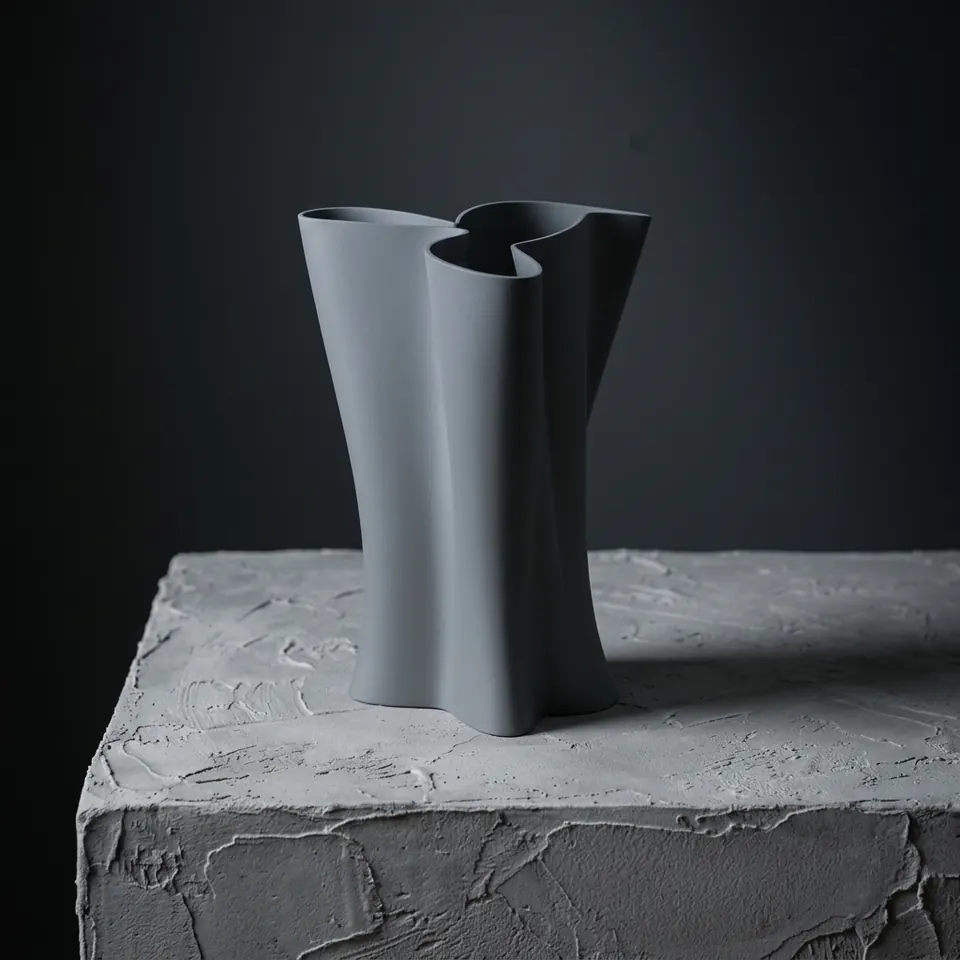 A slate vase of folded tubes on a rough plaster block against a dark wall