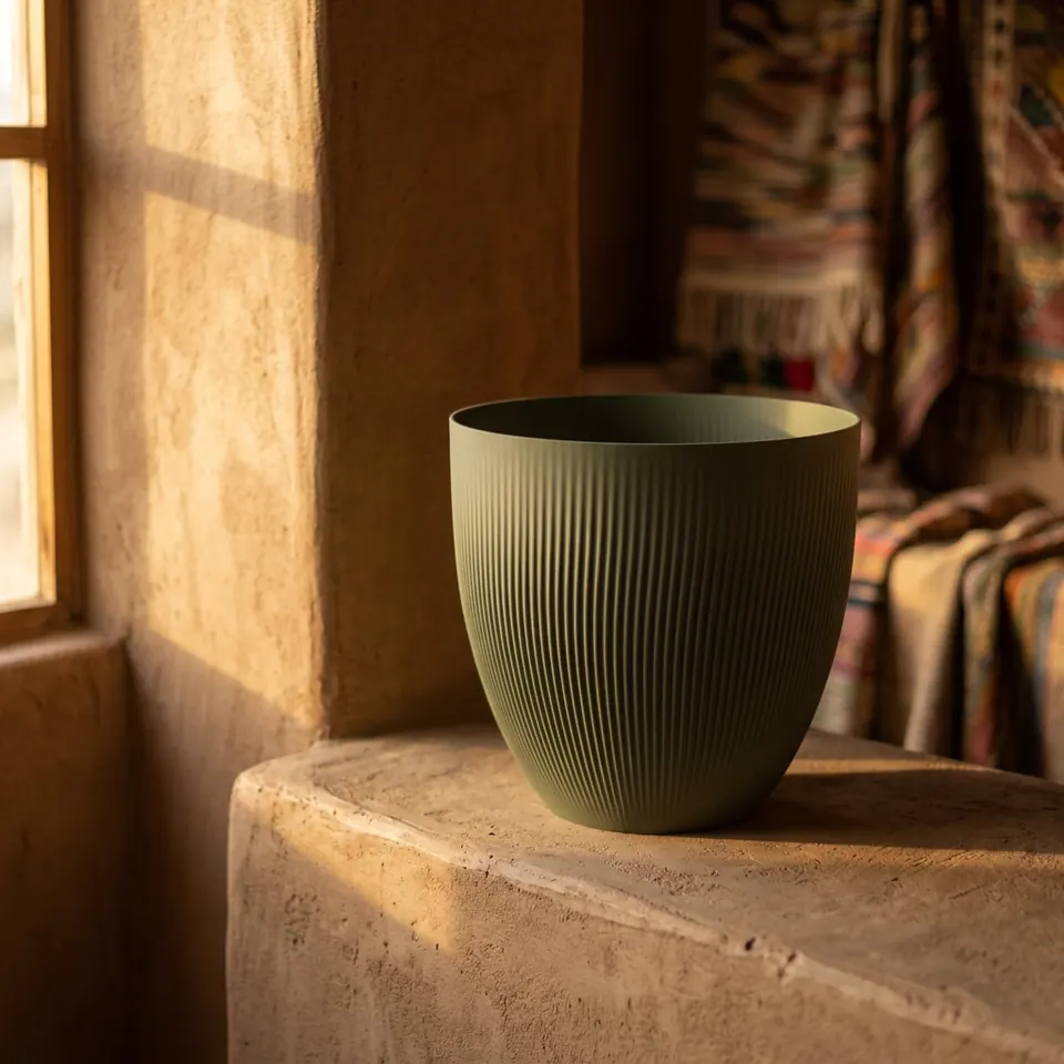 A moss ribbed planter on a sunlit plaster ledge
