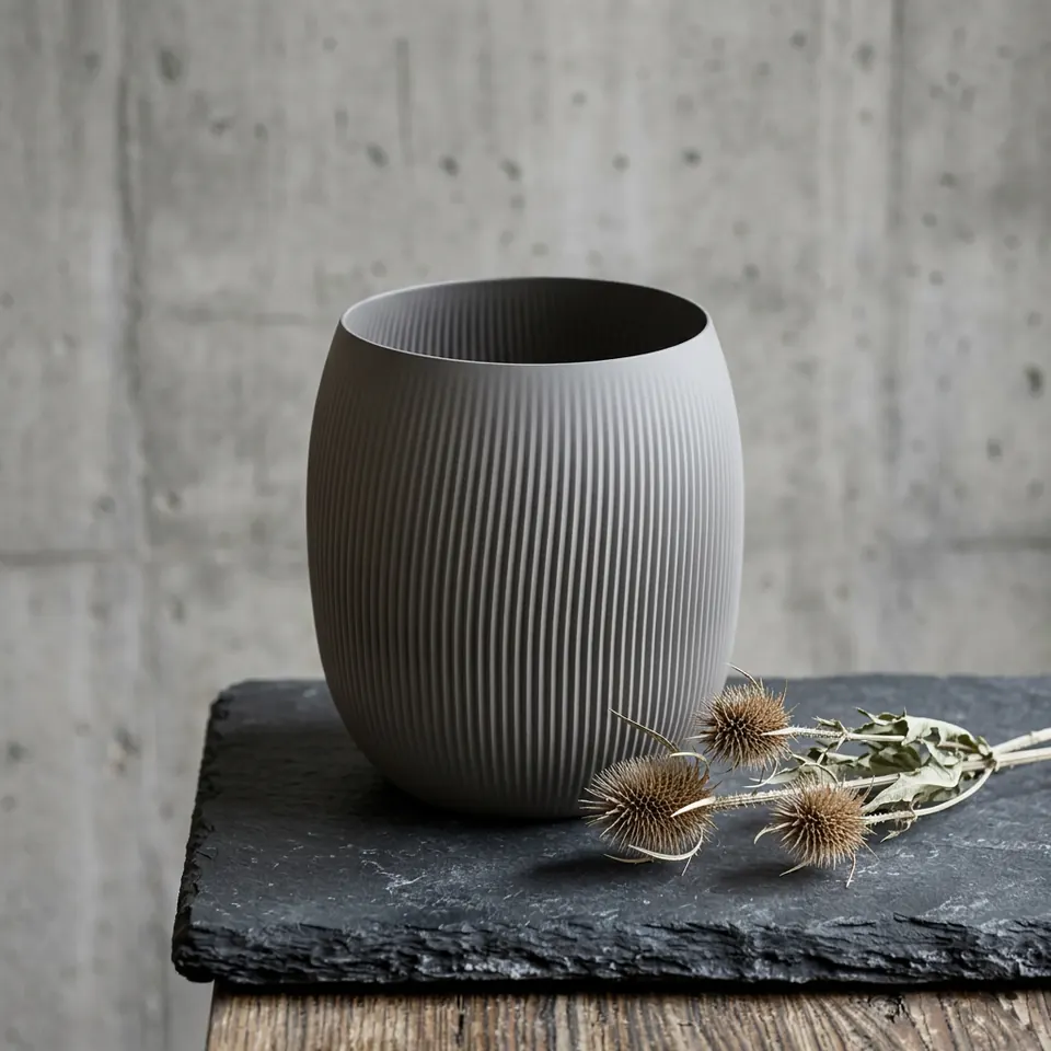 A slate ribbed pot on a stone slab against a concrete wall
