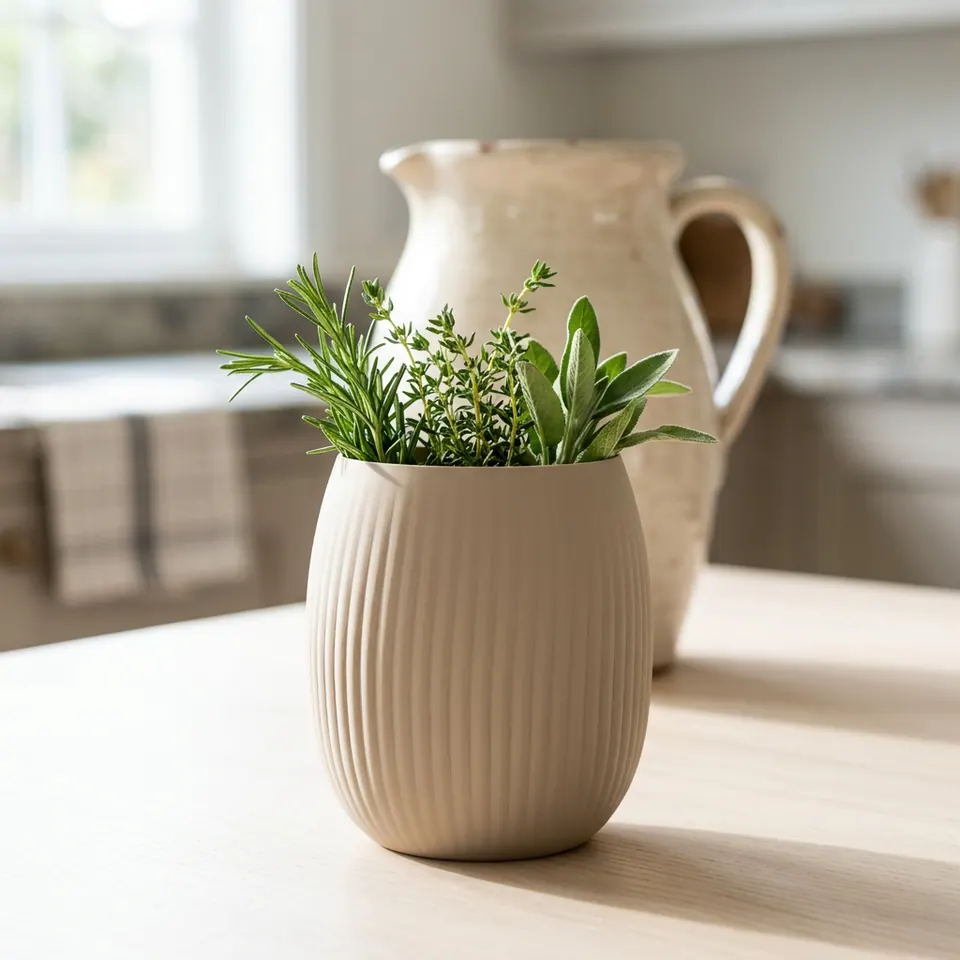 A sand ribbed vase of fresh herbs on a kitchen bench