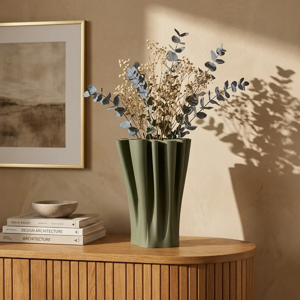 A sage folded vase of eucalyptus and dried flowers on an oak sideboard