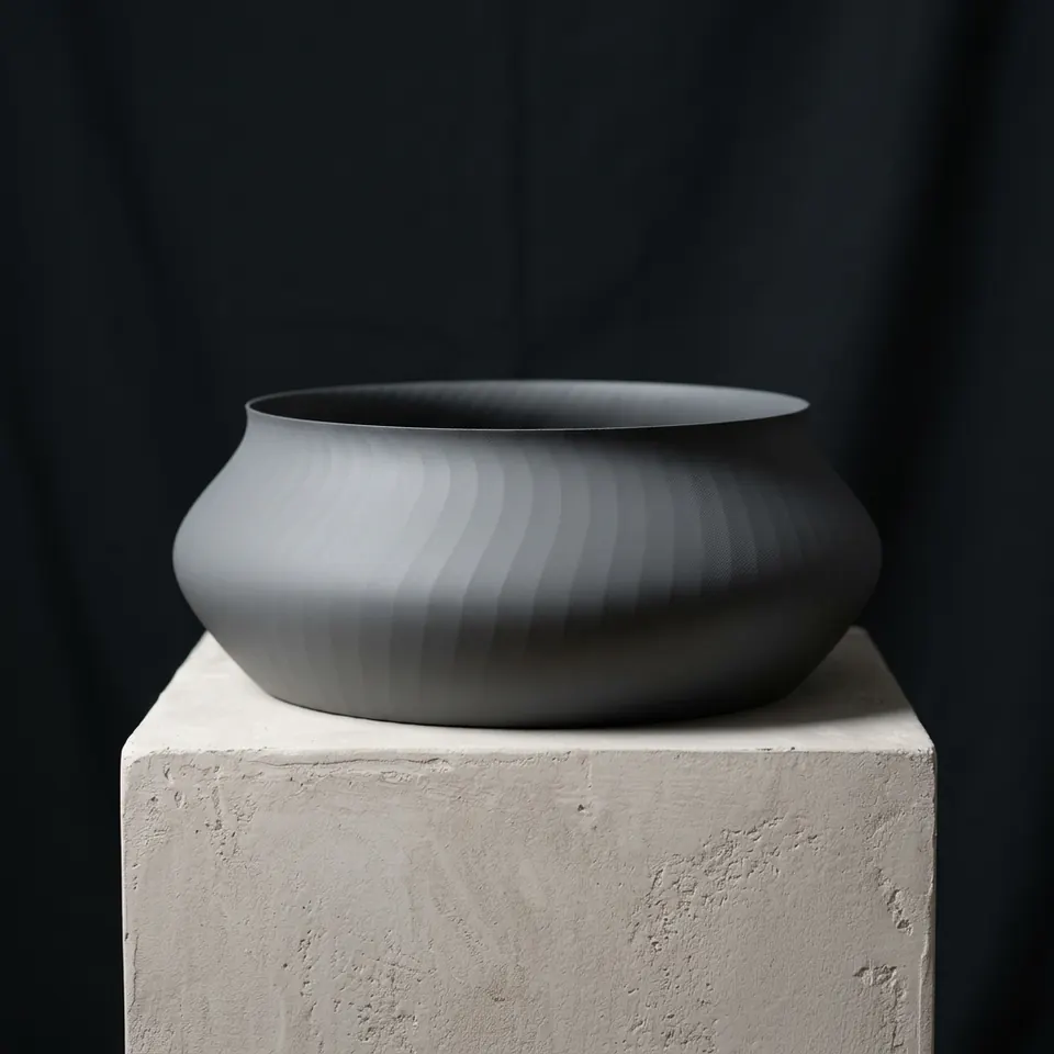 A wide slate bowl on a plaster plinth against a dark backdrop