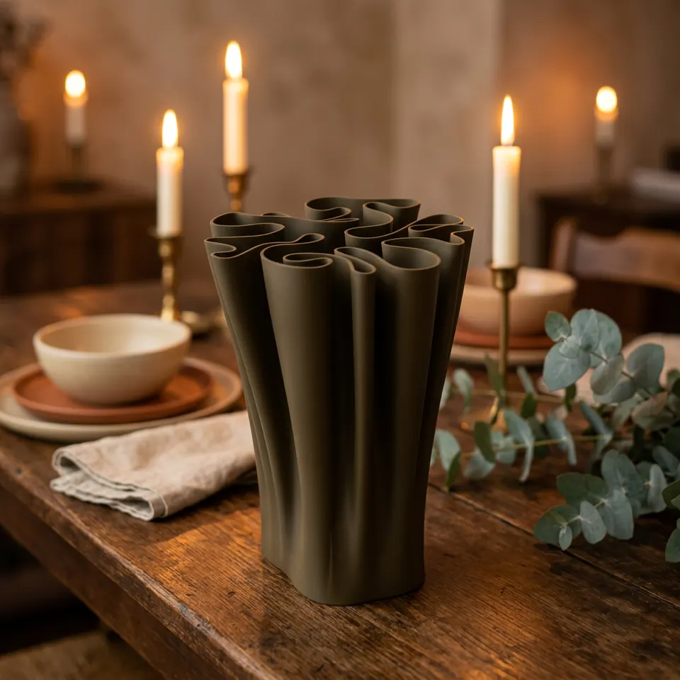 A moss folded vase between lit candles on a dark timber dining table