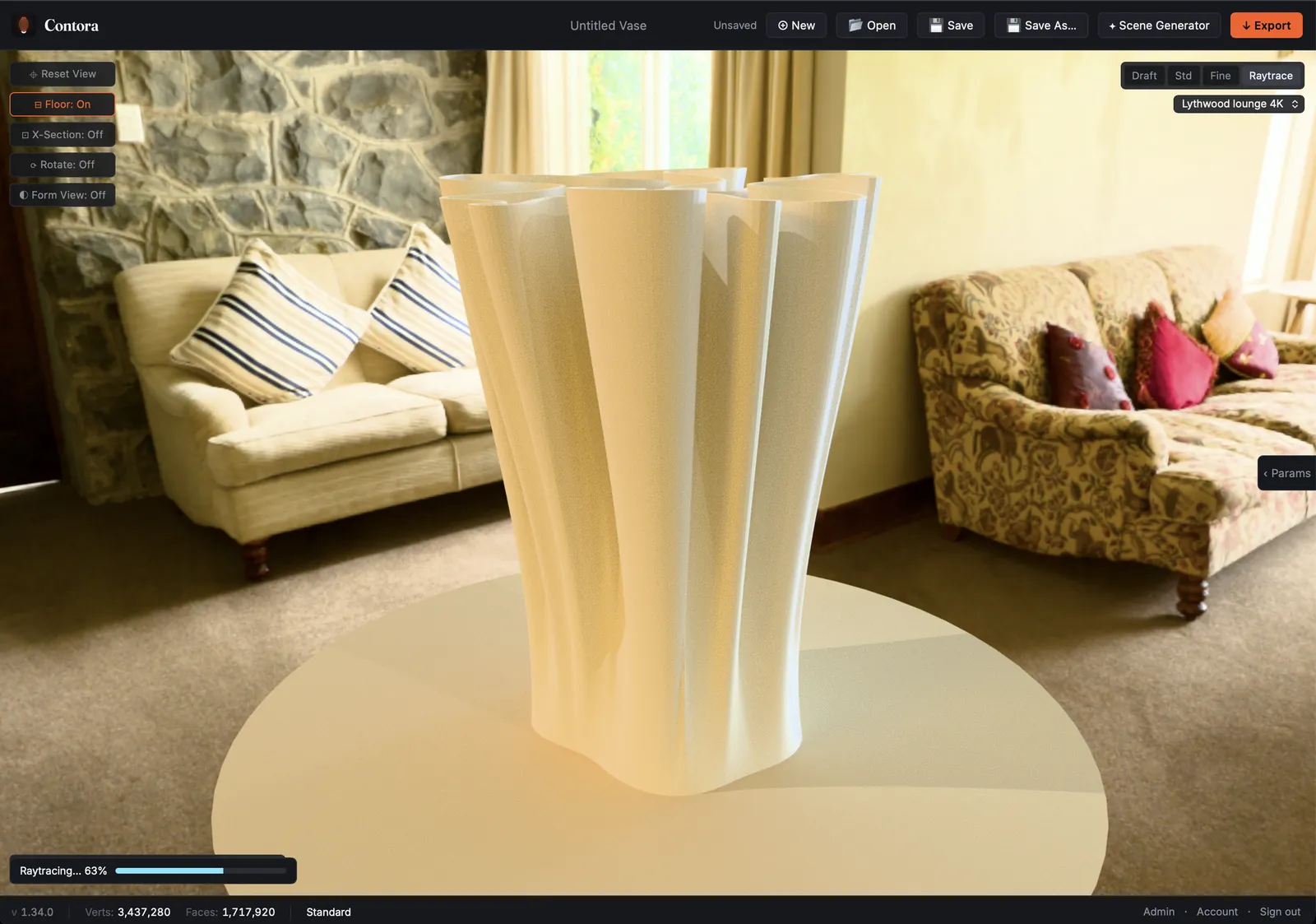 The raytraced preview: a folded cream vase lit in a lounge room scene inside the Designer