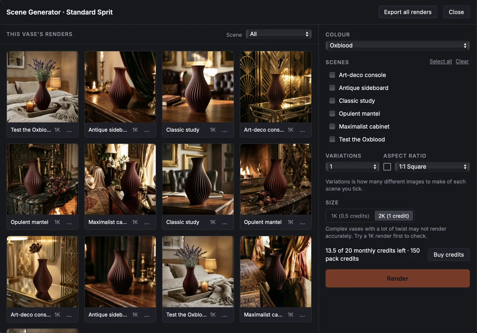 The Scene Generator: a grid of oxblood vase photos in six interiors, beside the colour, scene, variation and size choices