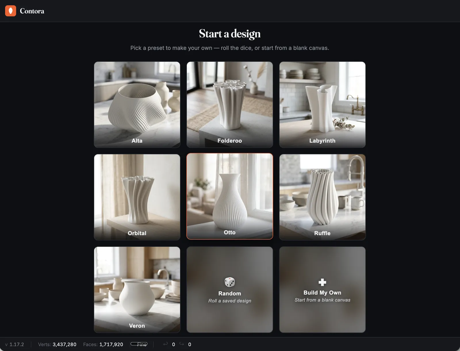 The Contora start screen: seven preset designs, a random roll and a blank canvas