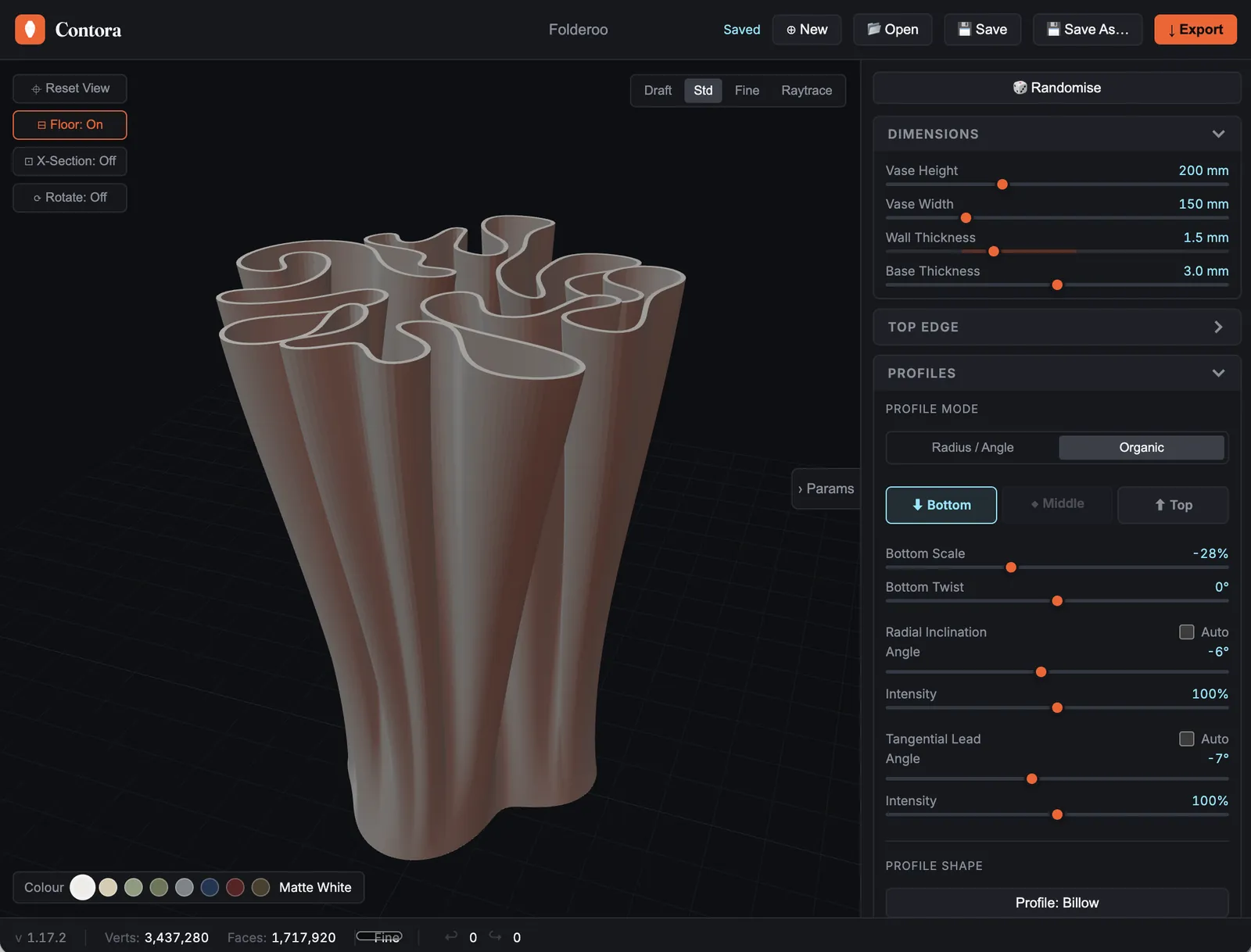The Designer with the bottom zone selected: scale, twist and wall angle sliders beside a live 3D folded vase