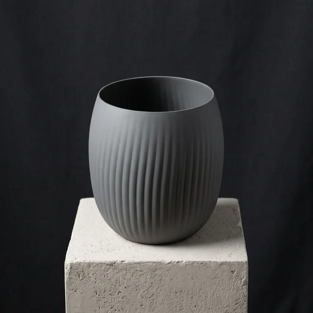 A slate ribbed pot on a plaster plinth against a dark backdrop