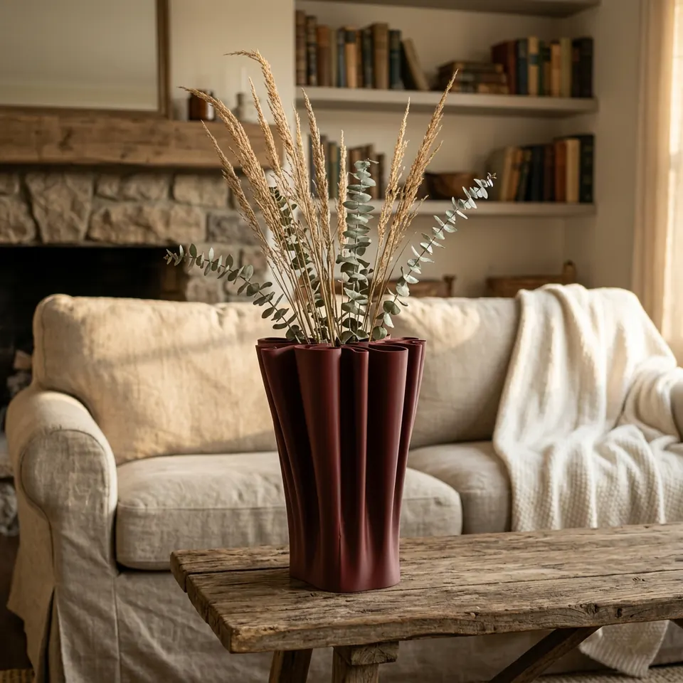 An oxblood folded vase of dried grasses on a timber coffee table by a fire