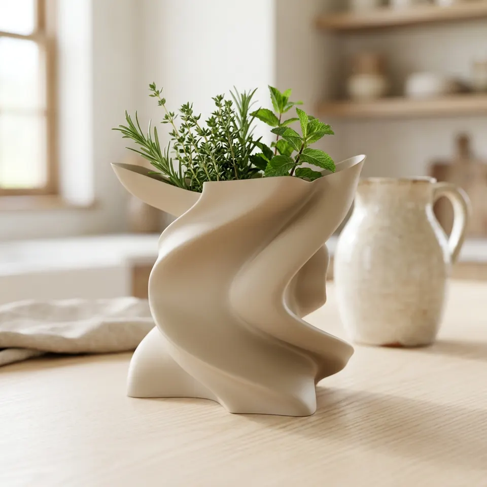 A sand coloured sculptural vase that twists back on itself, holding fresh herbs