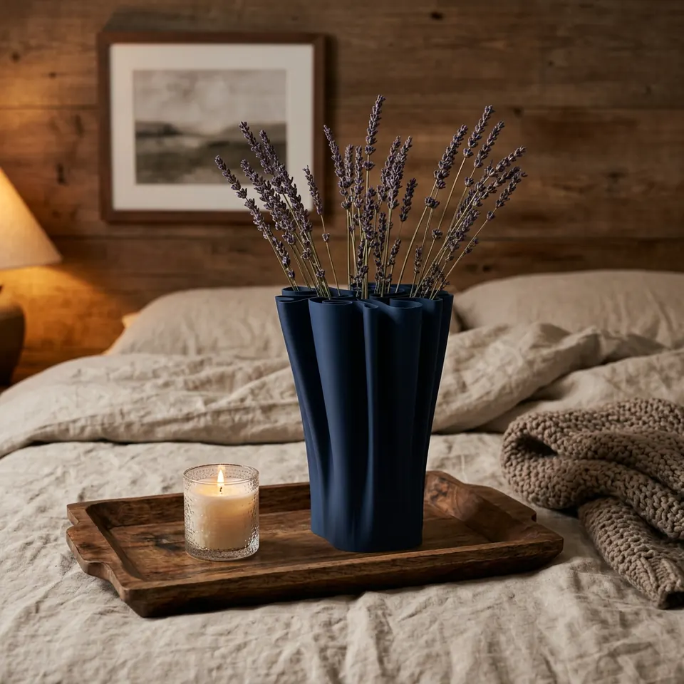 A navy fluted vase of lavender on a timber tray on a linen bed
