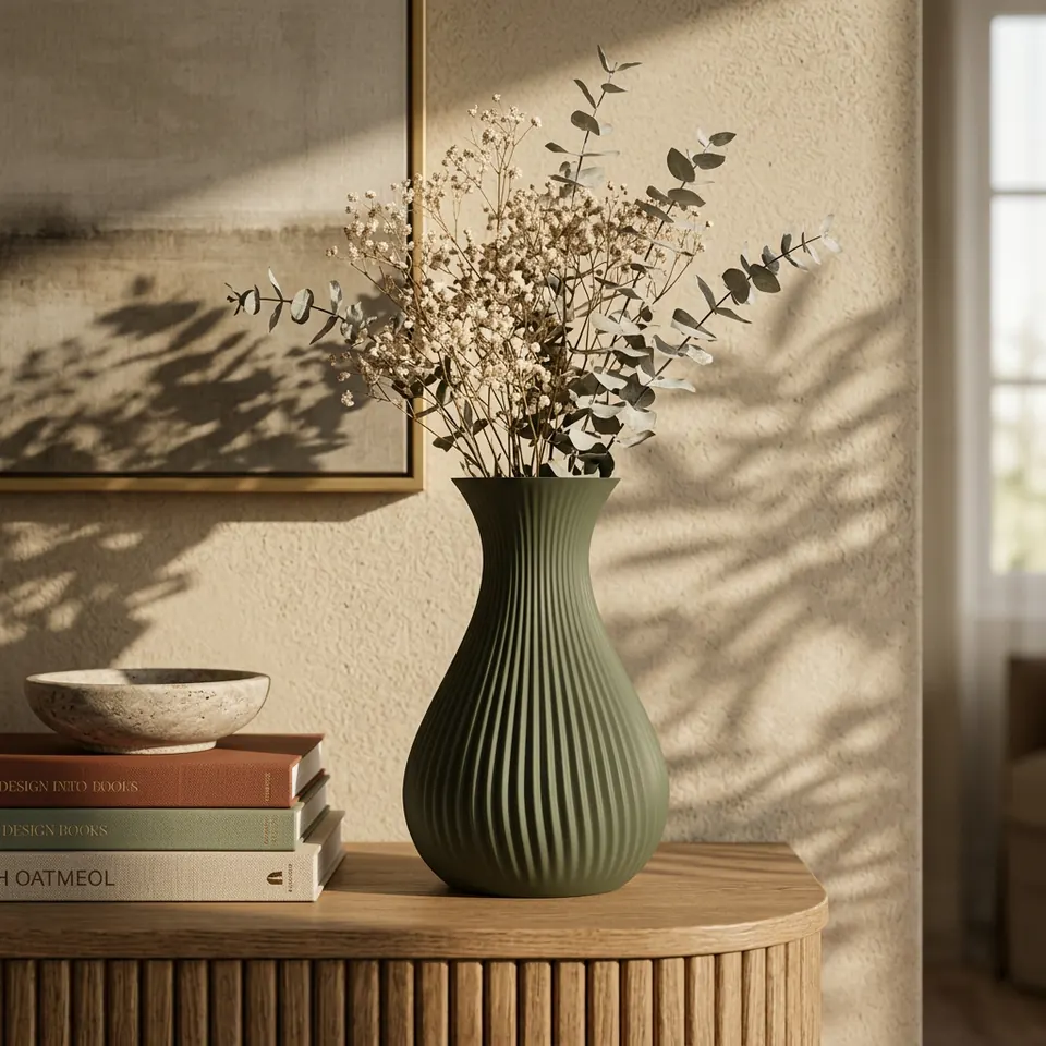 A sage ribbed bottle vase on an oak sideboard in afternoon light