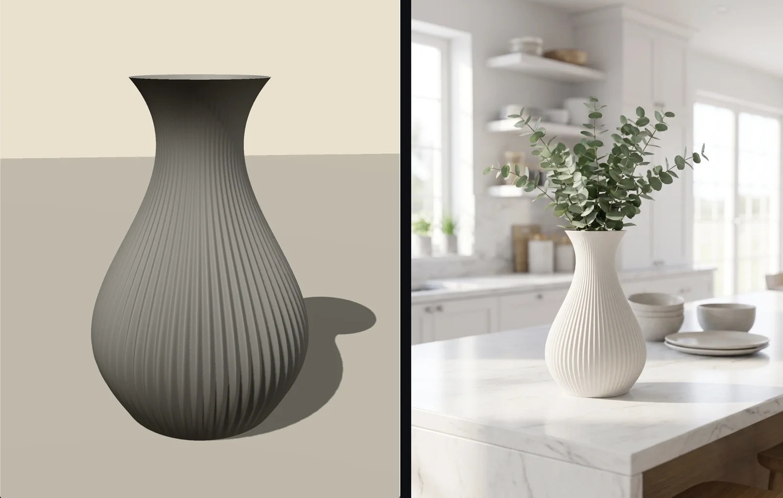 Left: the grey clay render of a ribbed vase exported from Contora. Right: the same vase in matte white on a marble kitchen island with eucalyptus, made by an AI image tool.