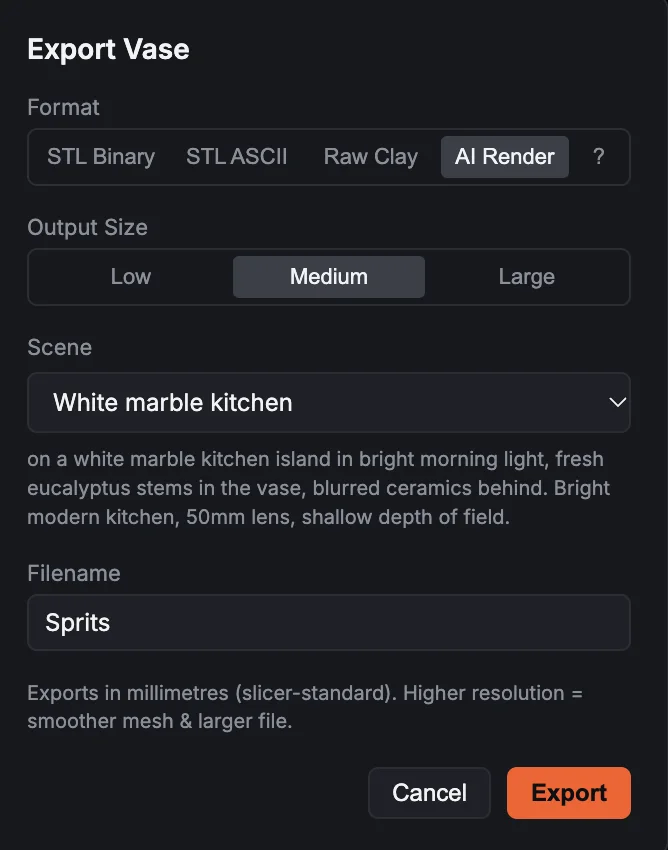 The Export Vase dialog with AI Render selected, Medium output size, the White marble kitchen scene and the filename Sprits.