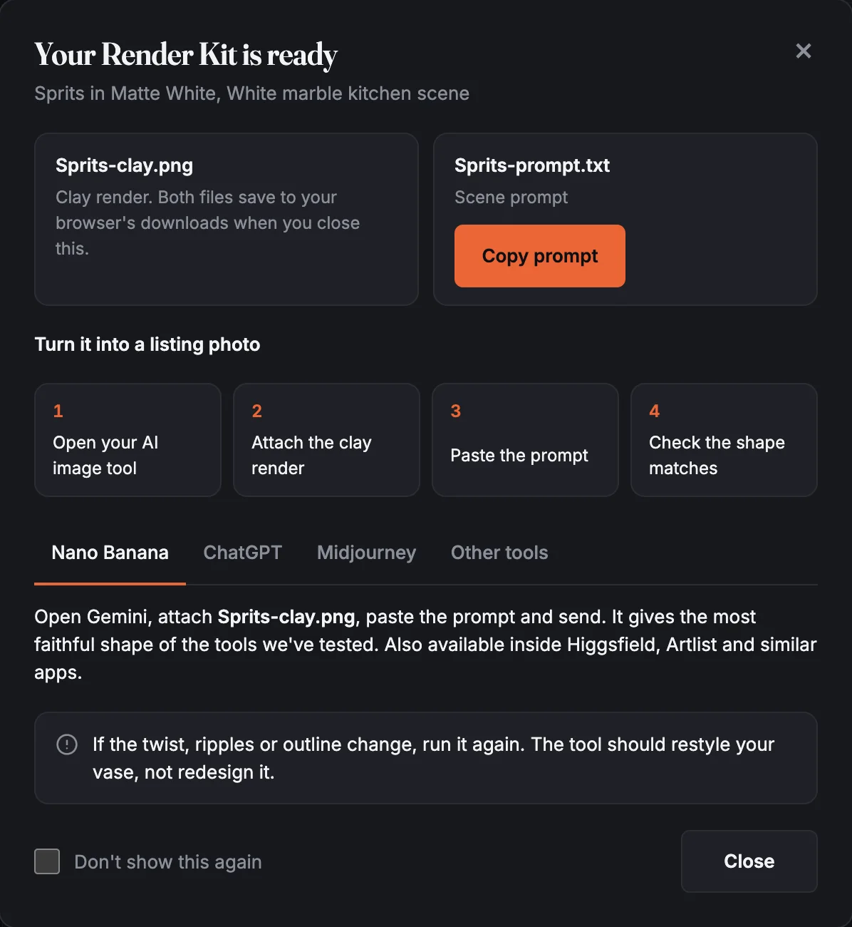 The Your Render Kit is ready panel, showing the two file names, a Copy prompt button and four steps: open your AI image tool, attach the clay render, paste the prompt, check the shape matches.