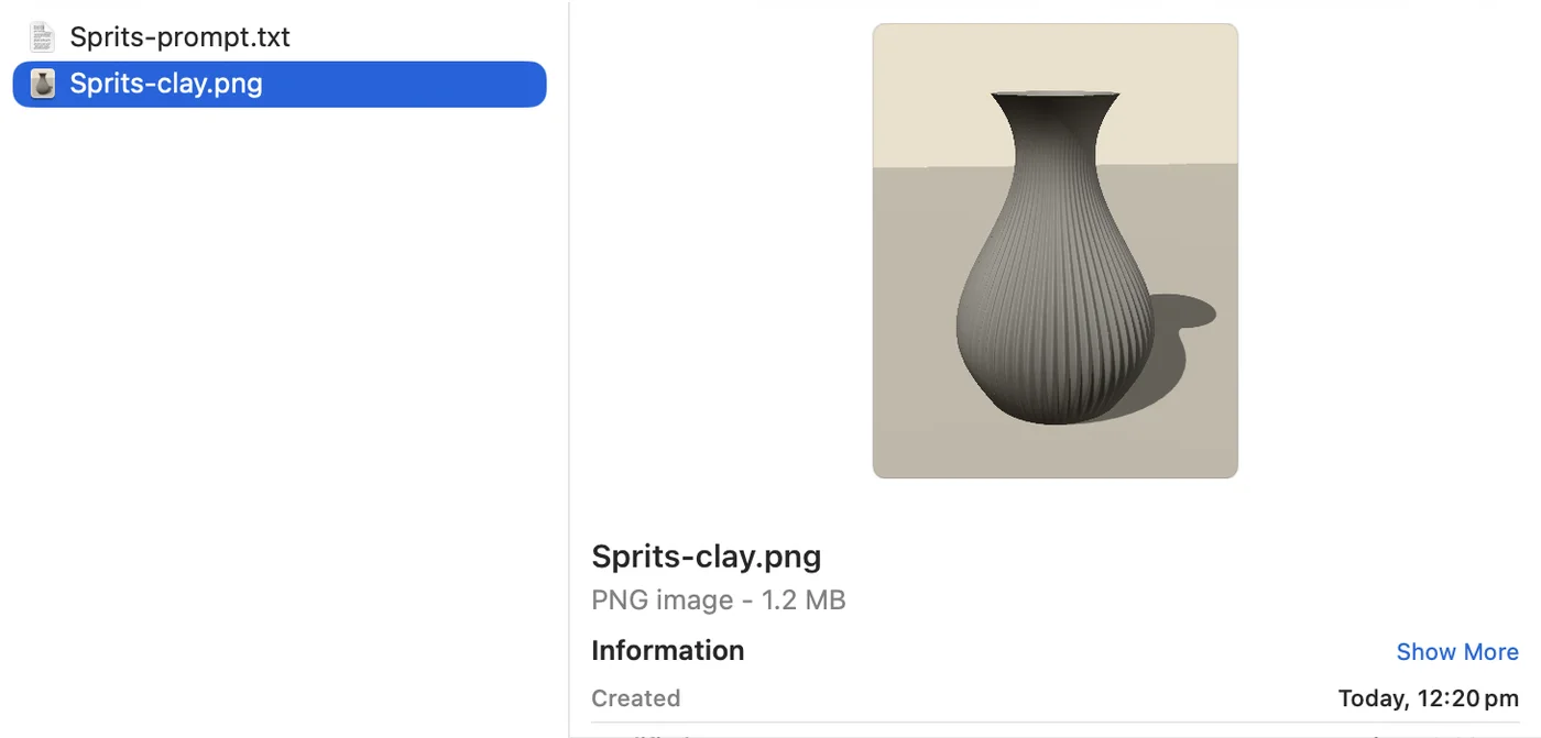 The Downloads folder in Finder with Sprits-prompt.txt and Sprits-clay.png, and a preview of the grey clay render.