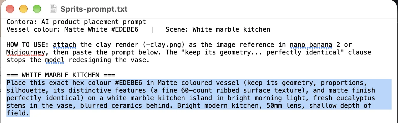 The prompt text file open, with the paragraph under the WHITE MARBLE KITCHEN heading highlighted.