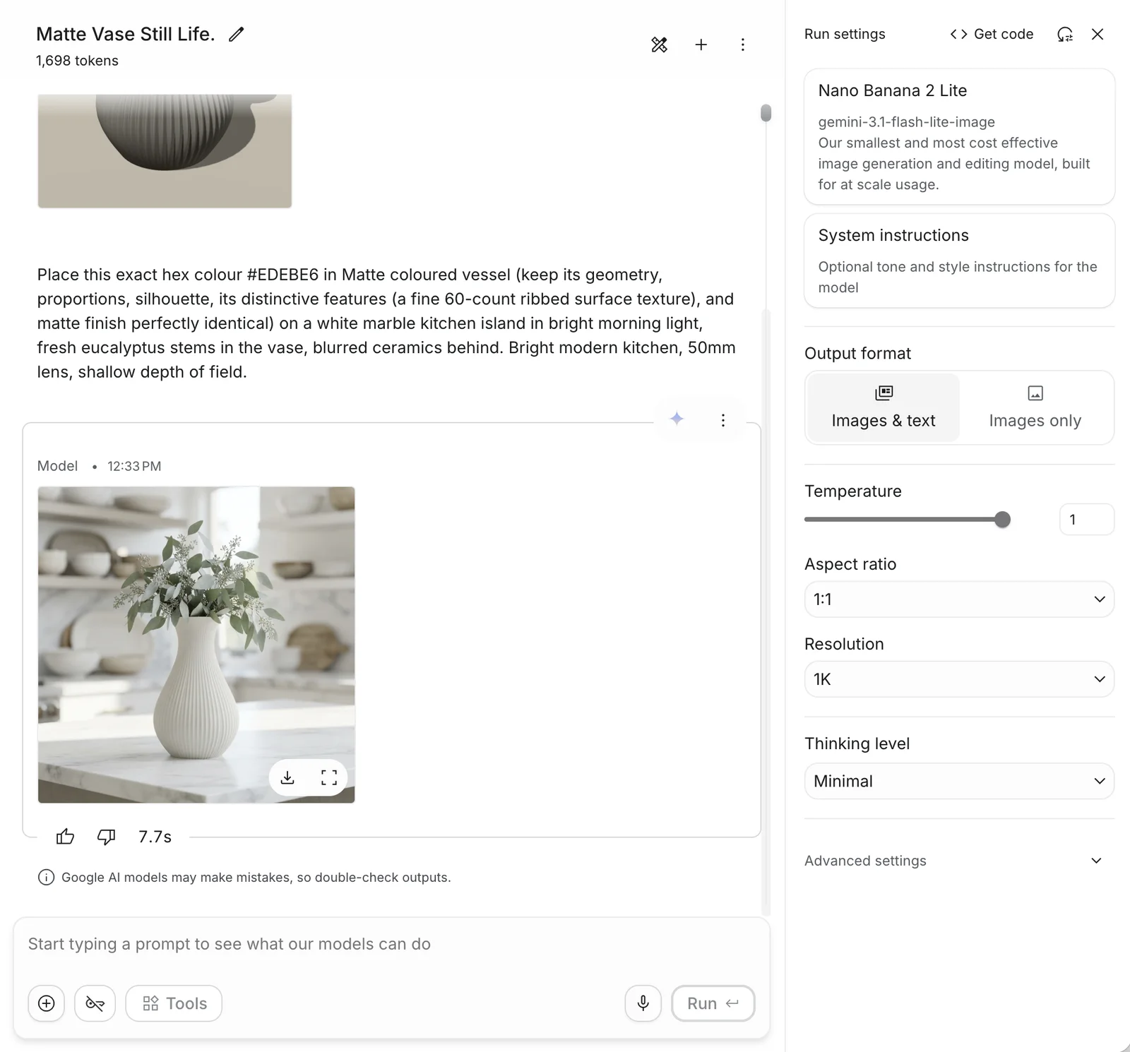 Google AI Studio with the clay render and prompt sent, the finished vase photo below, and Run settings showing a Nano Banana model, 1:1 aspect ratio and 1K resolution.