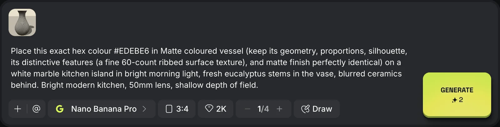Higgsfield's prompt bar with the clay render attached, the prompt pasted, and Nano Banana Pro, 3:4 and 2K selected beside the Generate button.