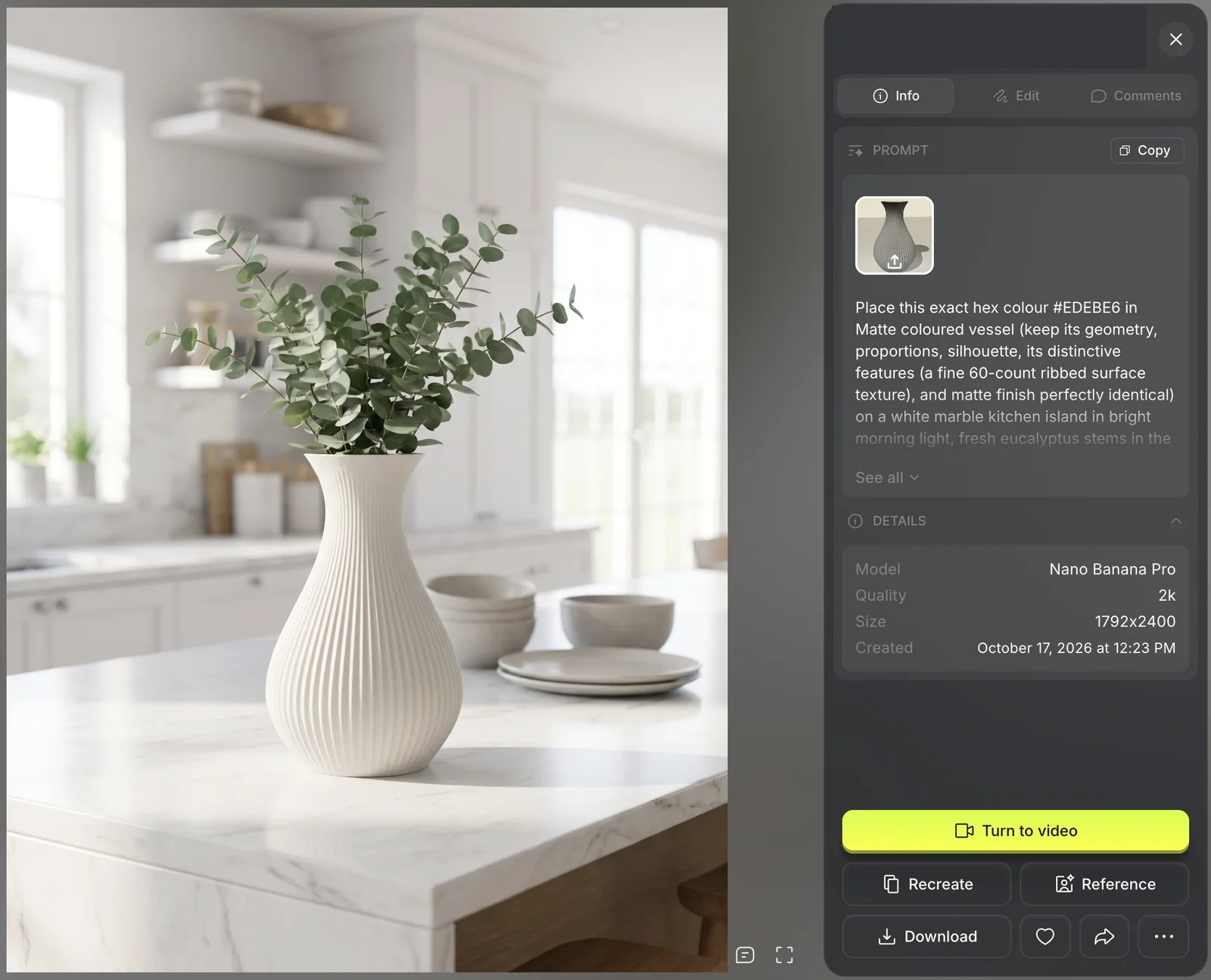 The finished matte white vase on a marble kitchen island in Higgsfield, with the Download button at the bottom right of the side panel.